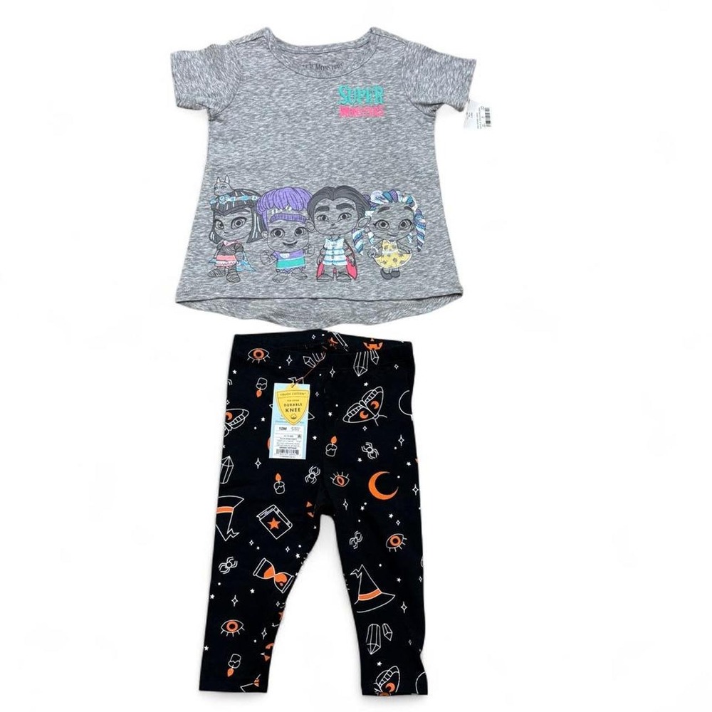 NWT Halloween Set Baby Girls 12M Super Monsters Tee & Spooky Leggings Halloween